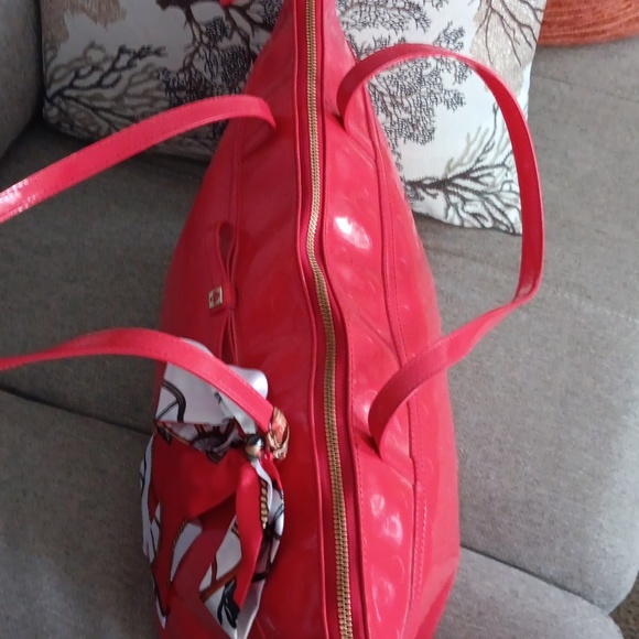 Large Kate Spade Red Patent Leather Textured Tote with Twilly - Picture 7 of 10